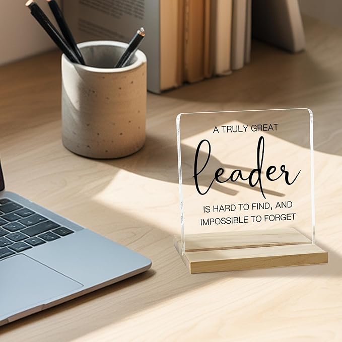 Gifts for Boss Desk Decor Sign, Acrylic Plaque Gift for Coworker Leader, Great Leader is Hard to Find Sign