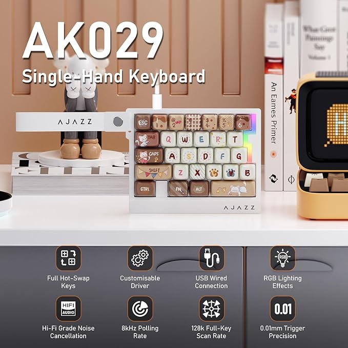 AJAZZ AK029 Wired One Handed Gaming Keyboard,Magnetic Switch, Adjustable Trigger Force, 8KHz Polling, 29 Keys Rapid Fast Mechanical Keyboard, RGB Backlight, SOCD & DKS, Aluminum Plate