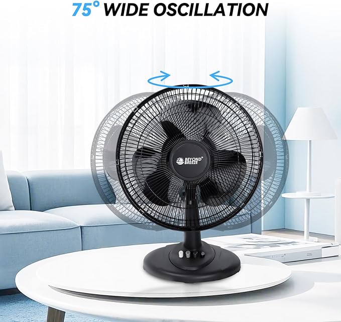 BEYOND BREEZE Oscillating Table Fan Quiet 3-Speed 12-Inch Adjustable Tilt Fan with Safety Grill, Ideal for Home, Office, Dorm, Black