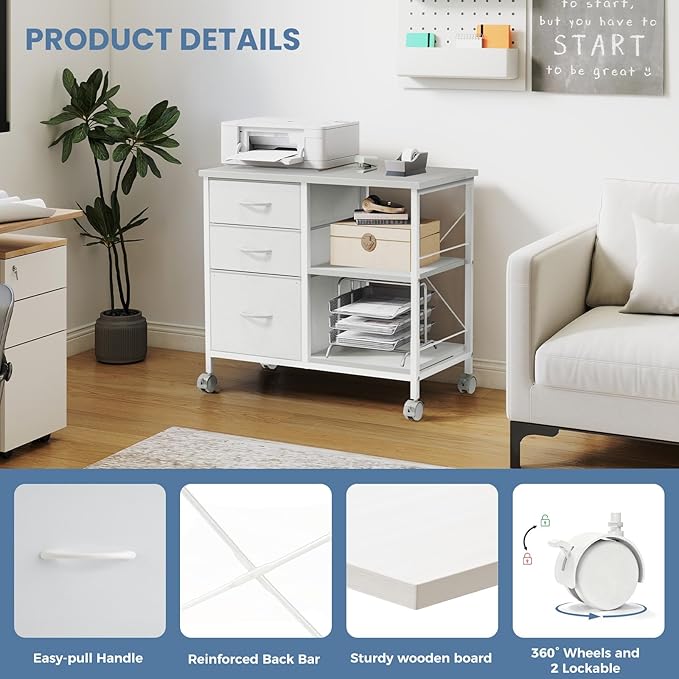 DUMOS File Cabinet, Mobile Storage Cabinet with 3 Drawers and Back Support Bar, Spacious Printer Stand with Storage Supporting 198 lbs for Home Office, White