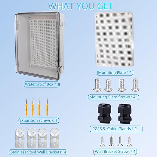 IP67 Waterproof Junction Box, ABS Plastic Electrical Enclosure with Stainless Steel Latch, Hinged Cover Electric Box with Mounting Plate, Wall Brackets & Cable Glands 370x270x150