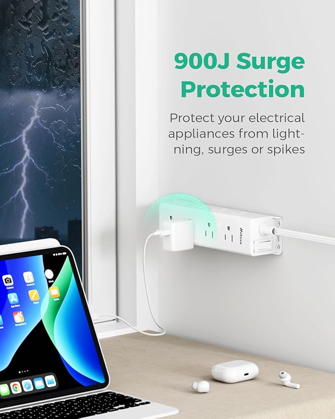 Surge Protector Power Strip - Widely Spaced Multi Outlets, Wall Mount, 3 Side Outlet Extender with Extension Cord, Flat Plug, Overload Protection, Home Office Dorm Room Essentials (5FT, White)