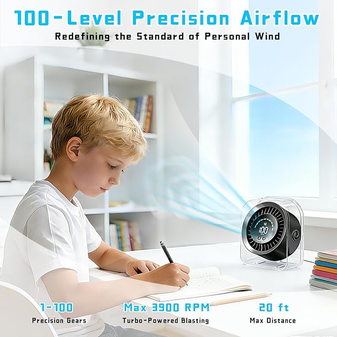 FOWSEEK Rechargeable Small Desk Fan Quiet, 4000mAh Portable Mini Fan USB Table Fan with 100 Speeds Turbo Flow, 360° Adjustable, LED Display, Desktop Cooling Fans for Bedroom Office Travel - Black