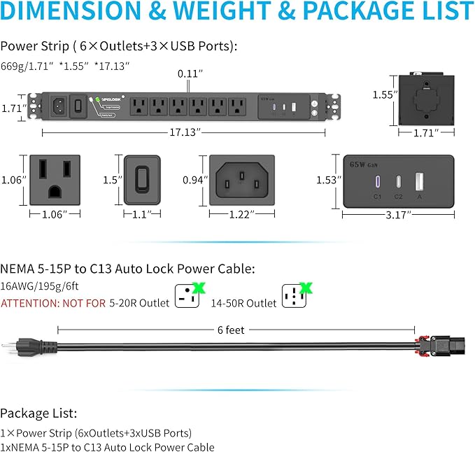 Surge Protector Power Strip, 6 Outlet Mountable PDU Power Strip with Switch, 65W Fast Charging 3 USB Ports, Heavy Duty Power Strip Surge Protector 1800J, 6 Feet Auto Lock Extension Cord, 15A/1875W