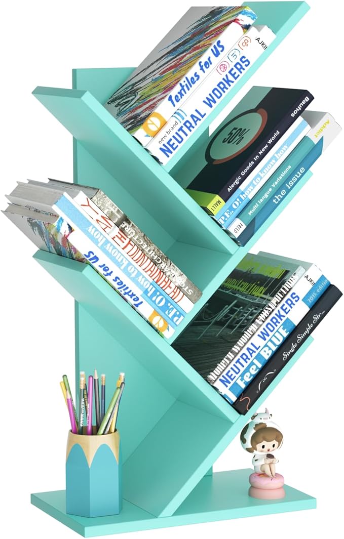 SHEEPAM 5 Tier Tree Book Shelf, Small Desktop Bookshelf with Storage Organizer, Wood Bookcase, Desk Display Bookshelves, Floor Standing Organizer Bookcases for Living Room,Bedroom,Office-Green