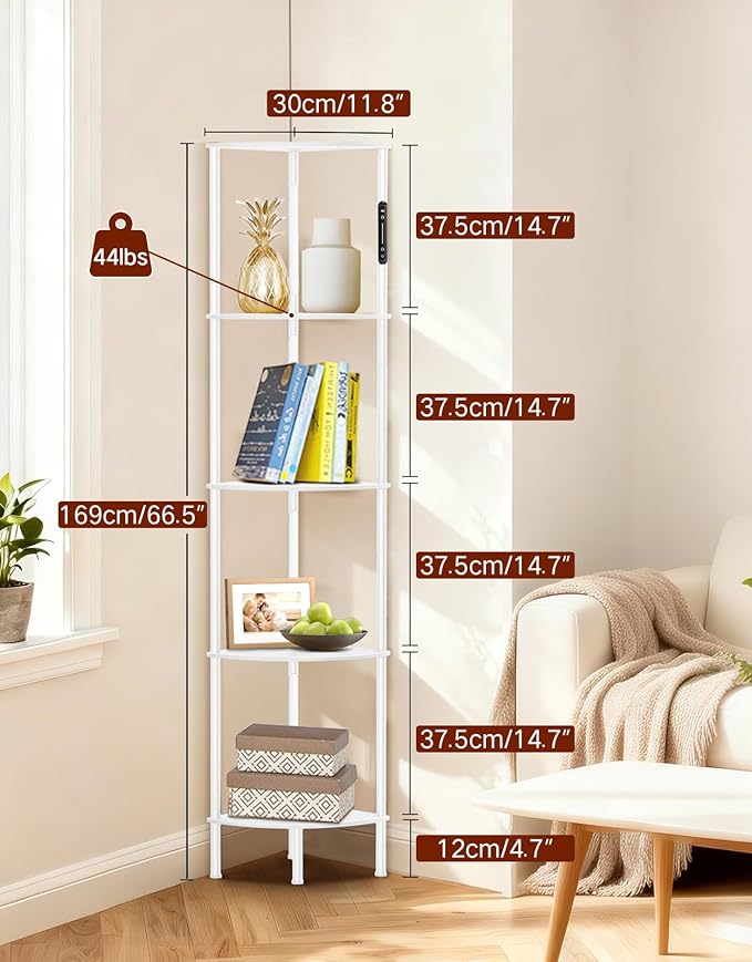 5-Tier Corner Bookshelf with LED Lights, Touch & Remote Control, 3 Color Temperatures, Dimmable Narrow Display Shelf with 1-Hour Timer for Living Room, Bedroom, Office(White)