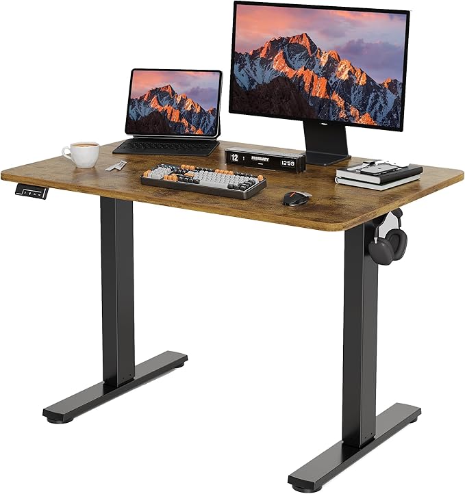 LongKe Electric Standing Desk Adjustable Height, 40x24 Inches Sit Stand up Desktop for Home Office, Ergonomic Rising Computer Table with Memory Preset,Rustic Brown