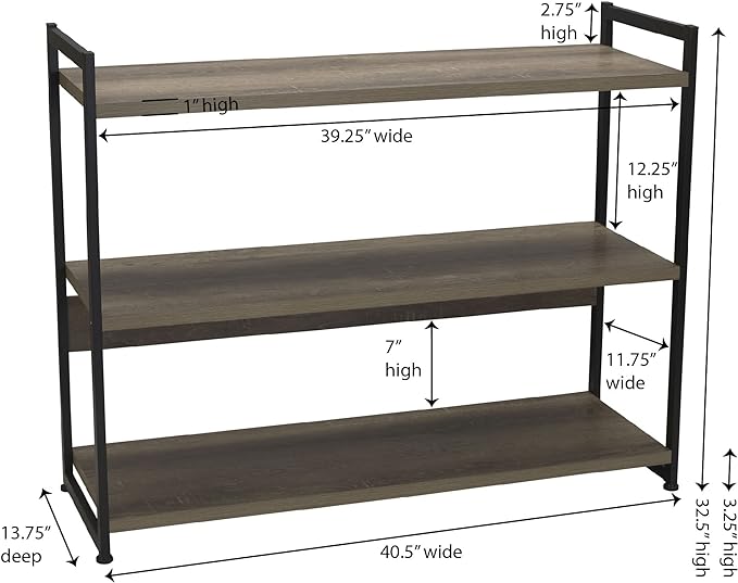 Household Essentials Jamestown Wide 3 Shelf Open Storage Bookshelf Ashwood Rustic Wood Grain and Black Metal