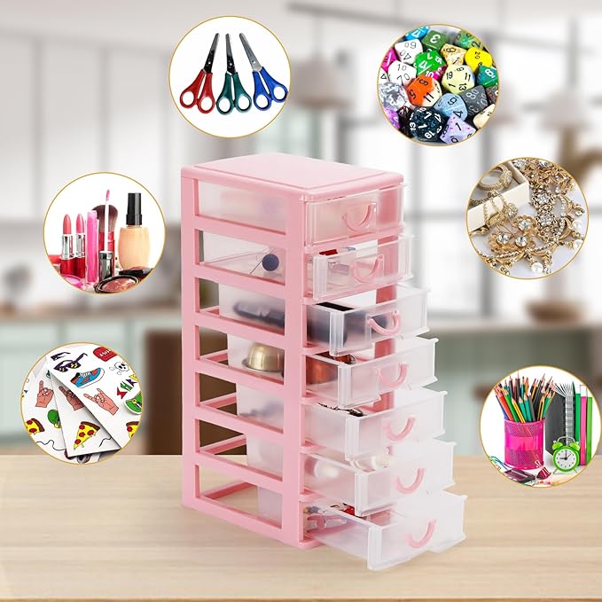 Rempry Mini Plastic Organizer with 7 Clear Drawers, 7.1"x5.1"x13.2" Small Storage Drawers Containers for Desk, Counters, Cabinets, Pink