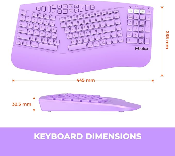MEETION Ergonomic Keyboard Wireless, Multi-Device Bluetooth Keyboard, Full-Sized Rechargeable Split Computer Keyboards, Wrist Rest for Natural Typing, for Windows/Mac/Laptop/Table/PC, Purple