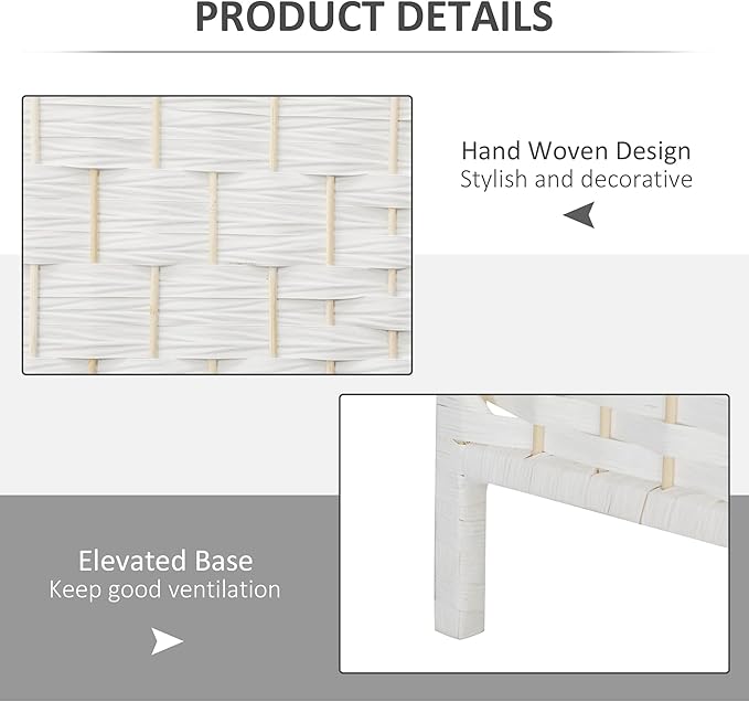 HOMCOM Room Divider 4 Panel, 6FT Tall Folding Privacy Screen, Freestanding Hand-Woven Partition for Room Separation with 360° Hinges, Paper Rope Diamond Weave, White