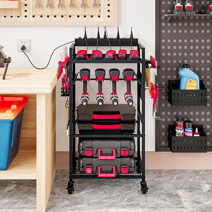 INGIORDAR Large Power Tool Organizer Cart with Charging Station, Garage Floor Standing Rolling Drill and Tools Battery Storage Cart on Wheels, Heavy Duty Utility Rack Shelf for Men, Husband, Father.
