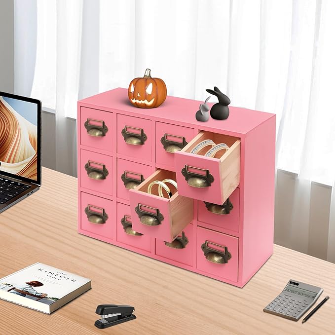 12 Drawer Drawers Storage Cabinet, Wooden Medicine Cabinet Desktop Drawer Organizer Herb Storage Box with Solid Wood Build & No Assembly for organize spices medicines jewelry cosmetics(Pink)