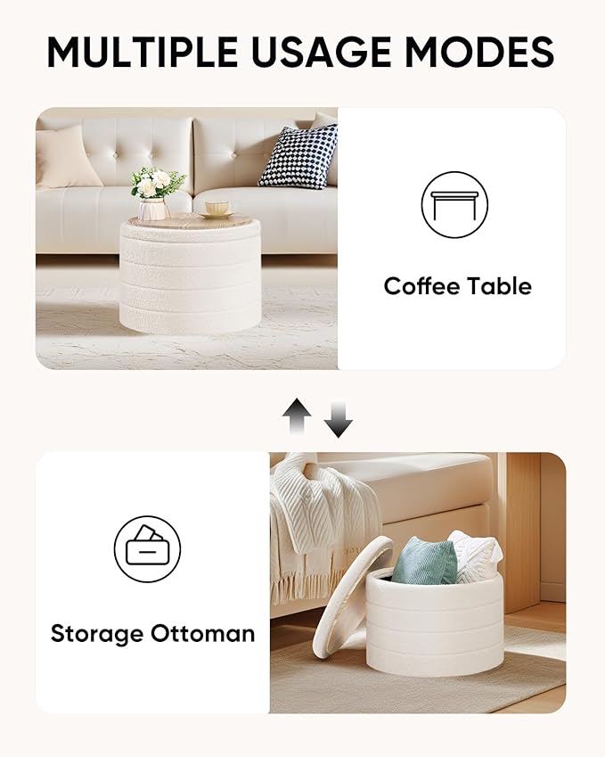 22 Inch Round Boucle Ottoman with Storage, Sherpa Teddy Fabric Ottoman Footstool, Folding Storage Foot Rest for Bedroom, Living Room Dorm, White