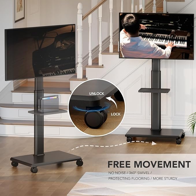 AX WABER Universal Floor TV Stand, Portable Rolling Floor TV Mount with Wheels, 80 Degree Swivel Height Adjustable for 27 to 65 Inch LCD LED OLED TVs, Holds up to 88 lbs Mobile TV Cart
