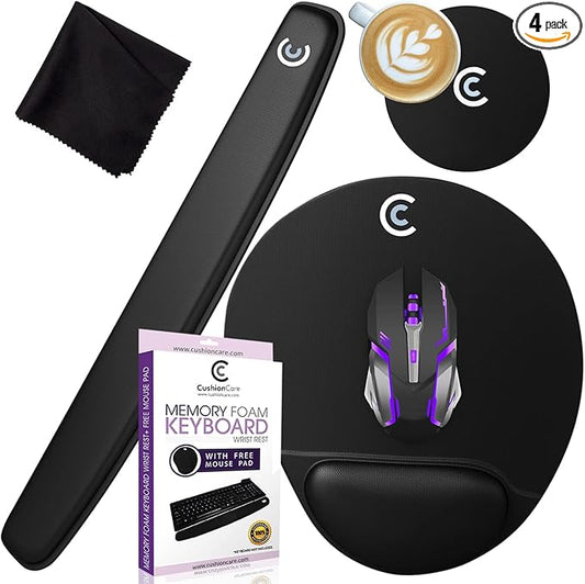4pc Premium Wrist Rests for Keyboard and Mouse Pad Set - Memory Foam Cushion, Black - Ergonomic Wrists Hand Arm Rest Support for Laptop Computer Desk and Gaming - Carpal Tunnel Syndrome Relief