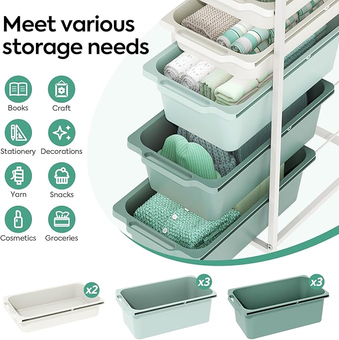 Rolling Storage Cart with 5 Drawers, Craft Organizer, Wooden Tabletop Utility Cart for Bedroom, Children's Room and Office Organization, Table Side Trolley with Lockable Wheels, Green