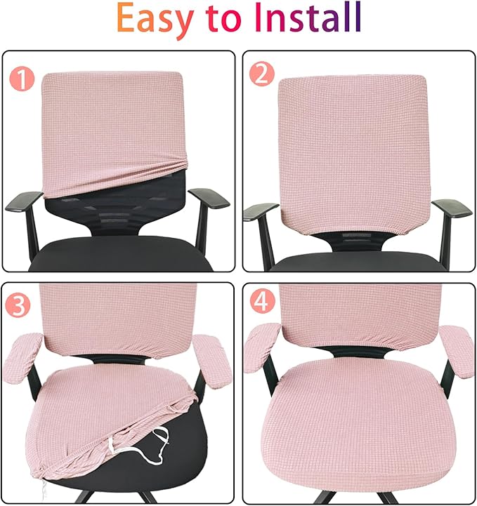 4Pcs Office Chair Covers Stretchable Set Desk Chair Cover Computer Chair Cover with 4 Non-Slip Elastic Straps Protective Armrest Slipcovers Pads Backrest Cushion for Rotating Chair (Pink)