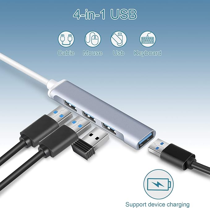 4-Port USB Hub Port Splitter: USB Port Expander - USB 3.0 Hub USB Dongle Multiport for Office Laptop PC Dell HP - Aluminum Alloy