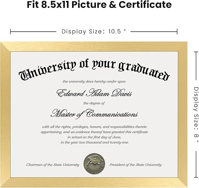 upsimples Certificate Frame with Clear Plexiglass, 8.5 by 11 Picture Diploma Document Degree Frames for Wall and Tabletop, Gold, 1 Pack