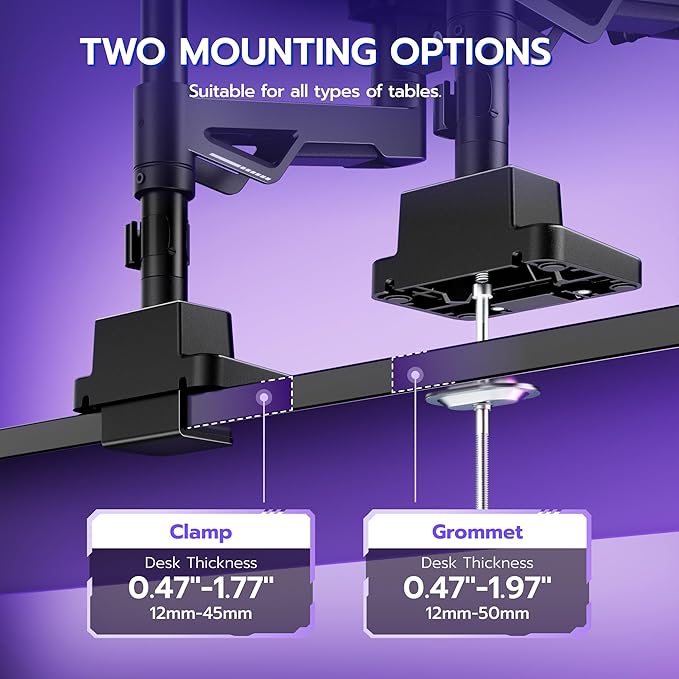 ARES WING Heavy Duty Monitor Arm, Ultrawide Monitor Stand up to 57” and 66 Lbs, Gas Sprinq Monitor Mount Height Adjustable Arms Monitor Stand for Desk Various VESA Mount with Clamp/Grommet Base