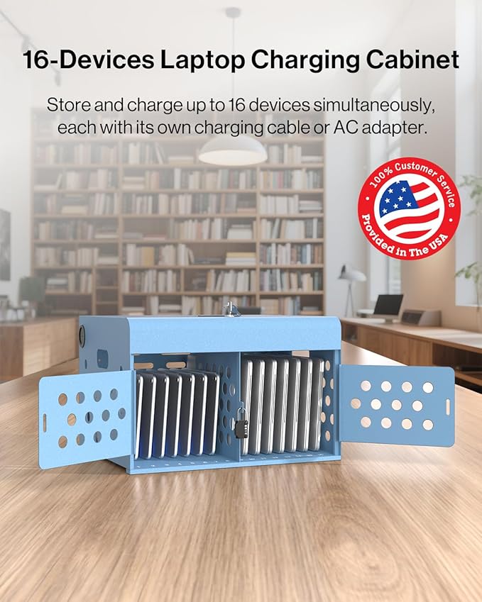 16-Device Charging Station for Laptops & Tablets, Wall-Mount Metal Charging Cabinet for Chromebooks, iPads – Lockable Charging Cart with Cable Management & Power Organization for Schools & Offices