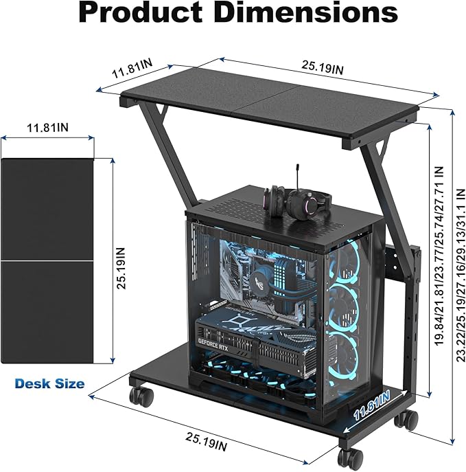 suptek Computer Tower Stand, 5 Levels Height Adjustable PC Tower Stand/Cart with Locking Wheels, 23.22"-31.10", Mobile Rolling CPU Holder, 25In Large PC Stand for Home Office, Black