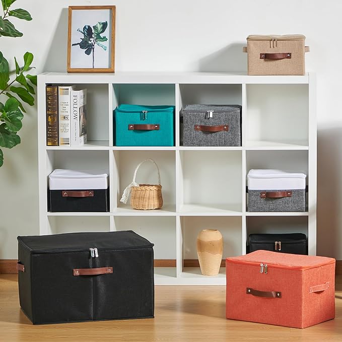 2 Pack Storage Bins with Zipper Lid Cotton Linen Fabric Lidded Storage Baskets Boxes Foldable Washable Closet Shelf Clothes Organizer Container with PU Leather Handles (Linen, Small)