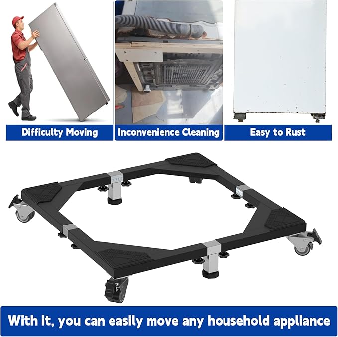 Heavy Duty All Steel Fridge Stand Mobile Base with Wheels Adjustable Washing Machine Stand Multi-Functional Base Furniture Dolly for Refrigerator Washer and Dryer（Black/Large）