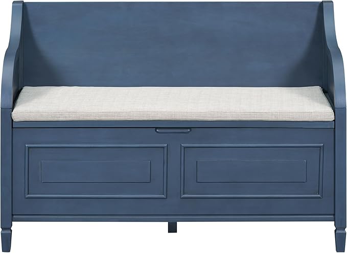 SOFTSEA 41.9" Storage Bench with Back, Entryway Shoe Bench with Cushion & Lift Top Storage, Rustic Shoe Storage Cabinet with Cushioned Seat for Entryway, Bedroom, Living Room (Antique Navy)