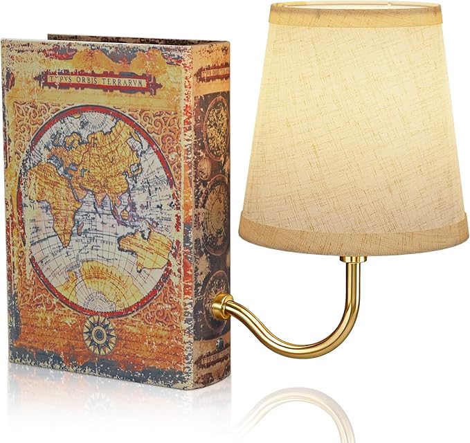 Gold Warm Light Vintage Bookshelf Lamp Rechargeable, Cordless Bookcase Lamp with Linen Shade, Dimmable Touch Control Table Lamp, Modern Decorative Bookend, Bookshelf Lights for Office Home