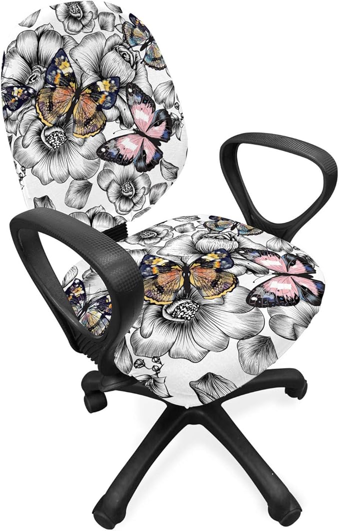 Ambesonne Butterfly Office Chair Slipcover, Monochrome Floral with Colorful Summer Season Animal Blooming Flowers, Protective Stretch Decorative Fabric Cover, Standard Size, Pink Orange