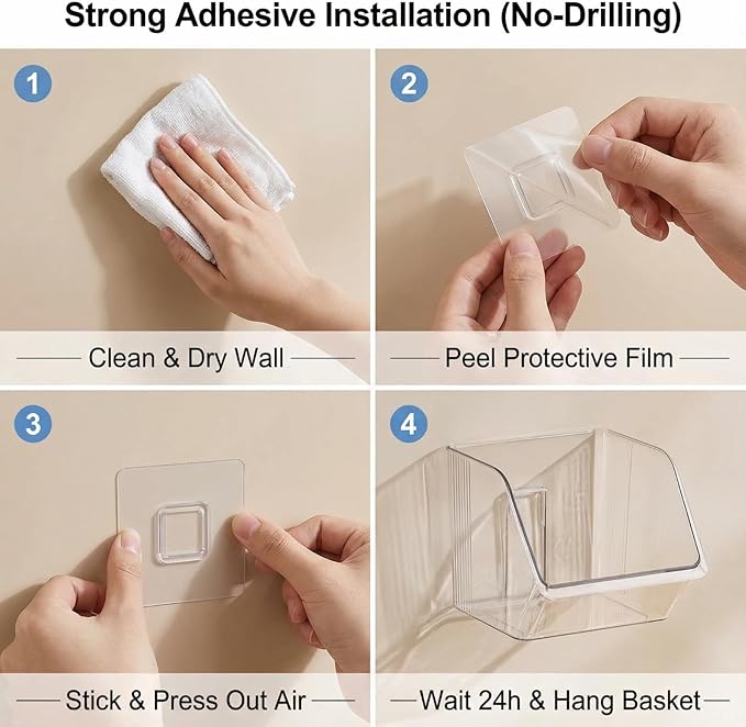 3 Pack Clear Plastic Wall Mount Storage Bins,Spice Rack Kitchen Organization and Storage,Organizing Small Items No Drilling Hang Walls/Doors for Bathroom, Bedroom, Office,Space-saving