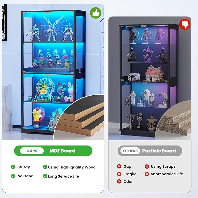 BROTTAR Display Cabinet with Glass Doors, 4-Tier Curio Cabinet with 3 Color Lights for Collectibles, Glass Display Case with Human Body Sensor, Bookcase with 4 Shelves, Storage Cabinets, Black