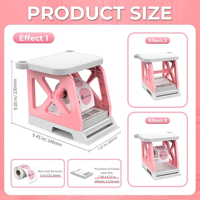 Guermok 3-in-1 Thermal Label Holder Stand for Printer Desk Organizer for Roll & Fan-Fold Labels, Cable Management, Easy Assembly for Home, Office, Retail & Small Business Pink