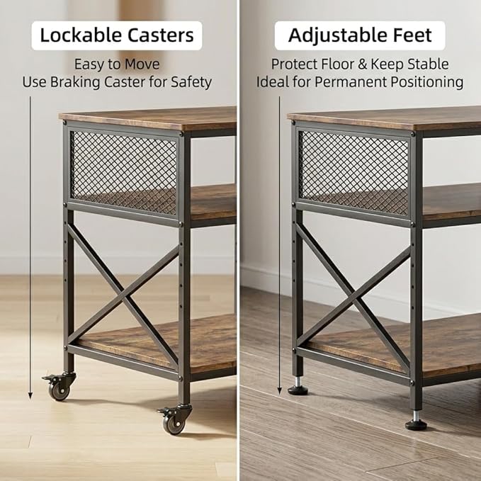 KaKaBB Large Printer Stand, Adjustable Height Printer Table with Storage Shelf, 23.6 x18.9 x 30 Inches 3 Tier Rolling Printer Cart for Home Office (Rustic Brown)