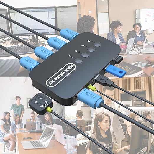 HDMI KVM Switch 4 Port -USB KVM for 4 Computers Share Keyboard Mouse Printer,Flash Drive,HD Monitor, Support 4K@30Hz, 4 HDMI KVM Cables 1 Desktop Controller Included