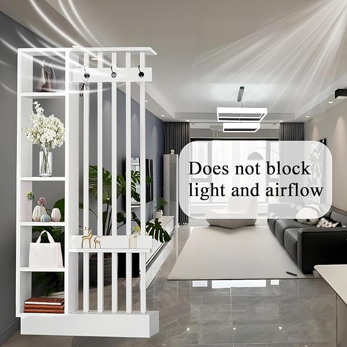 Wall Room Divider - Freestanding Wood Room Divider with Shelves and Coat Rack, Wall Divider with Storage Cabinet and Display Shelf, Freestanding Decor for Bedroom, Office