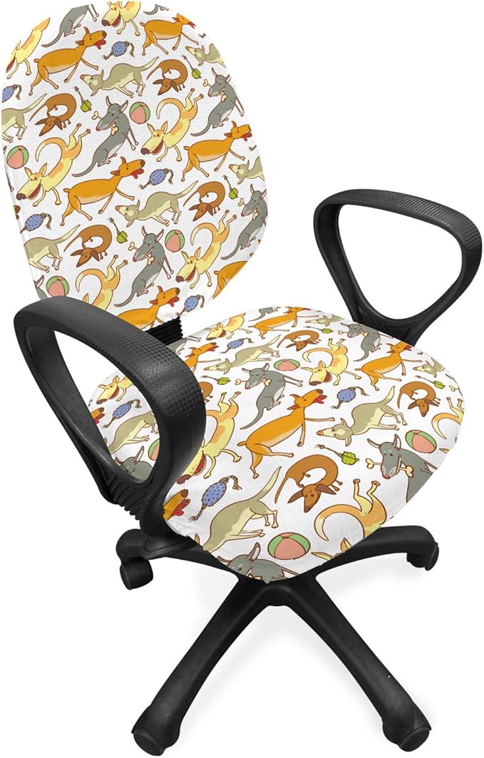 Ambesonne Dog Office Chair Slipcover, Cartoon Style Interpretation of Doggies Playing and Messing Around with Toys Print, Protective Stretch Decorative Fabric Cover, Standard Size, Coffee Brown