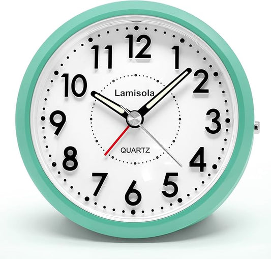 Lamisola 4 Inch Analog Battery Alarm Clock for Seniors, Small Desk Bedside Nightstand Vintage Clock, Alarm Clocks for Bedrooms Bathroom Kithchen Home Office Decor, Large Display for Elderly, Mint