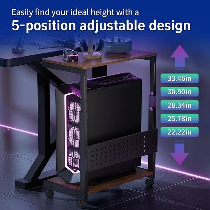 Computer Tower Stand / PC Tower Stand with Wheels, Dual Tier & 5-Level Adjustable CPU Holder Cart (23.2-33.5") — Under Desk Floor PC Stand for Gaming & Home Office