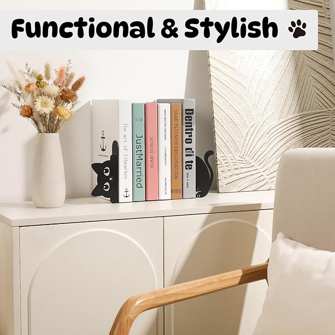 Peeking Cat Metal Bookends Set of 2 with Wider Base, Cute Decorative Book Ends for Shelves Bookshelf Office Home Decor Gift for Cat & Book Lovers