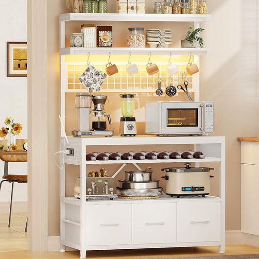 Itaar Bakers Rack with Storage and Power Outlet, 35.4 inch Coffee Bar Cabinet, Microwave Stand Kitchen Cabinet with Hutch, LED Lights, Wine Rack and Hooks (White)