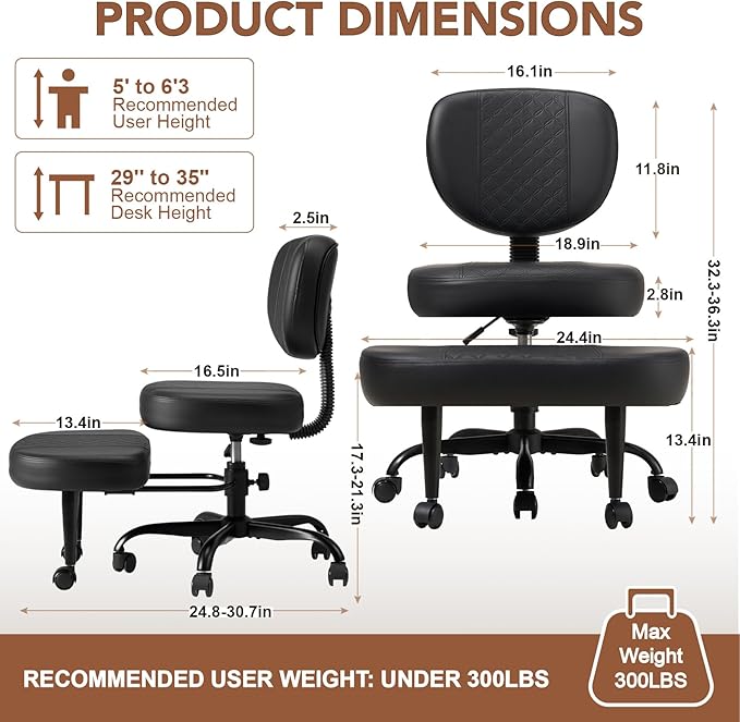 Ergonomic Cross Legged Office Chair with Wheels, Criss Cross Desk Chair with Leg Rest, Meditation Chair Yoga Kneeling Chair, Adjustable ADHD Chair Black
