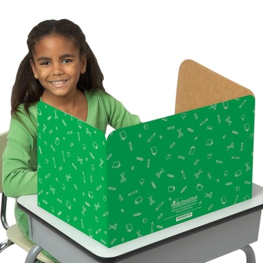 Really Good Stuff Standard Privacy Shields for Student Desks – Set of 12 - Matte - Study Carrel Reduces Distractions - Keep Eyes From Wandering During Tests , Green With School Supplies Pattern