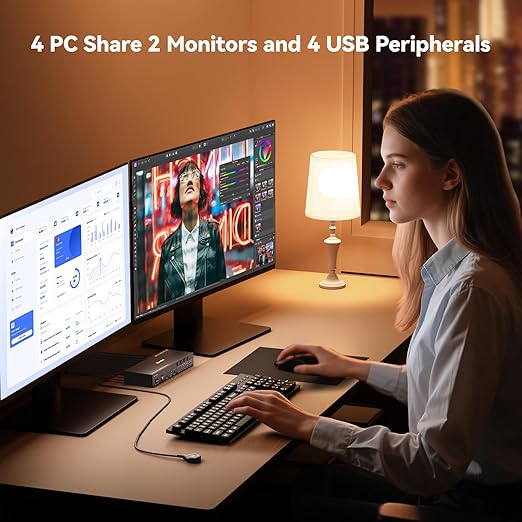 4 Port HDMI KVM Switch 2 Monitors 4 Computers 4K@60Hz EDID Simulation Dual Monitor KVM Switch with 4 USB 3.0 Ports for USB Peripherals, Audio, RS232, with Wired Remote,12V Power and 4 USB Cables