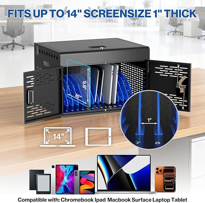 POCHAR 16-Device Charging Cabinet for Laptops & Tablets - Laptop Lock Box for Chromebook, iPad - Locking Laptop Charging Station for Classroom Office Library -Tablet Storage Box with Cable Management
