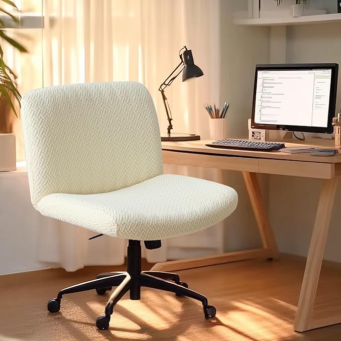 Criss Cross Chair Cover Beige Jacquard Armless Mid-Back Wide Office Desk Chair Covers for Vanity Chairs Washable (T Shape-Beige)