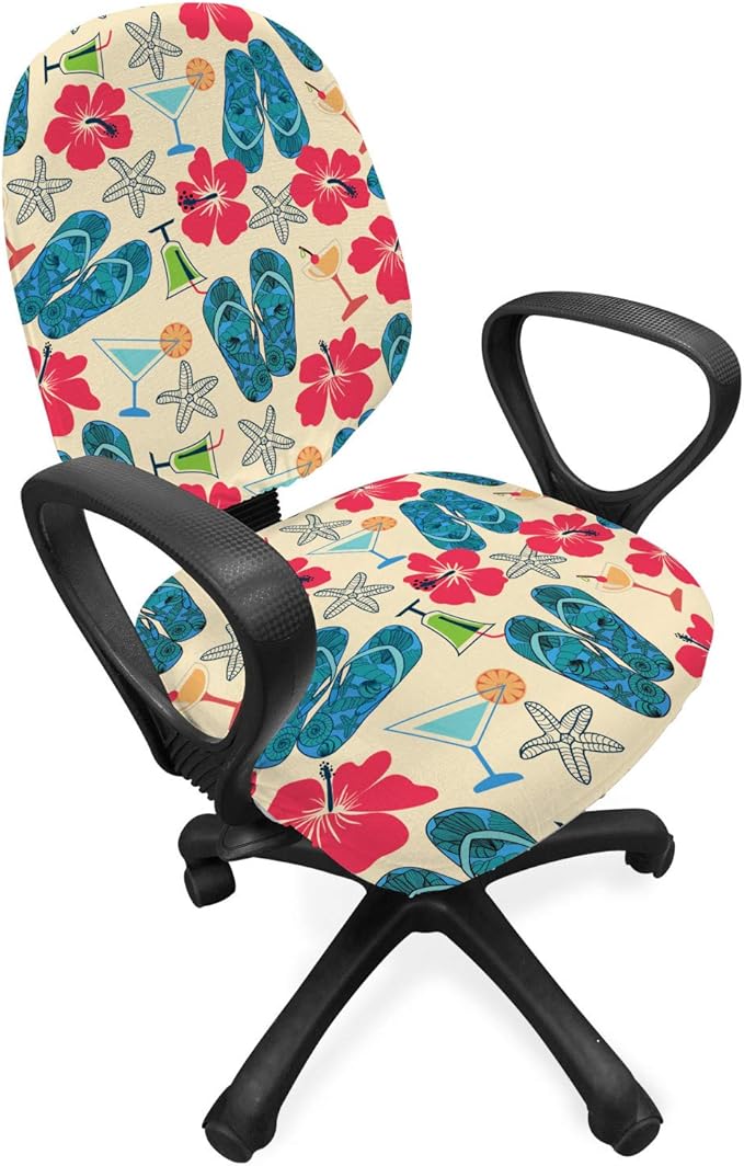 Ambesonne Flip Flop Office Chair Slipcover, Exotic Summers Hibiscus Flower Starfishes Martini Cocktail and Beach Sandals, Protective Stretch Decorative Fabric Cover, Standard Size, Blue Red