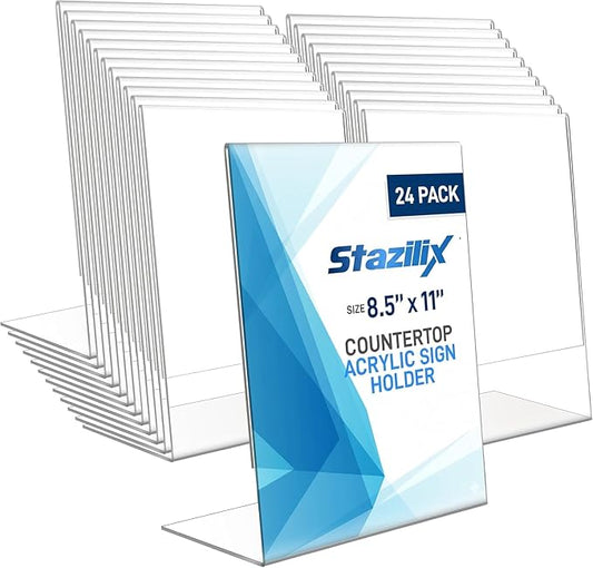 24 Pack Acrylic Sign Holder 8.5x11, Standing L-Shape Vertical Menu Holder Stand, Flyer Display Stand, Table Paper Holder, Plastic Sign Display Stand for Restaurants, Store, Office